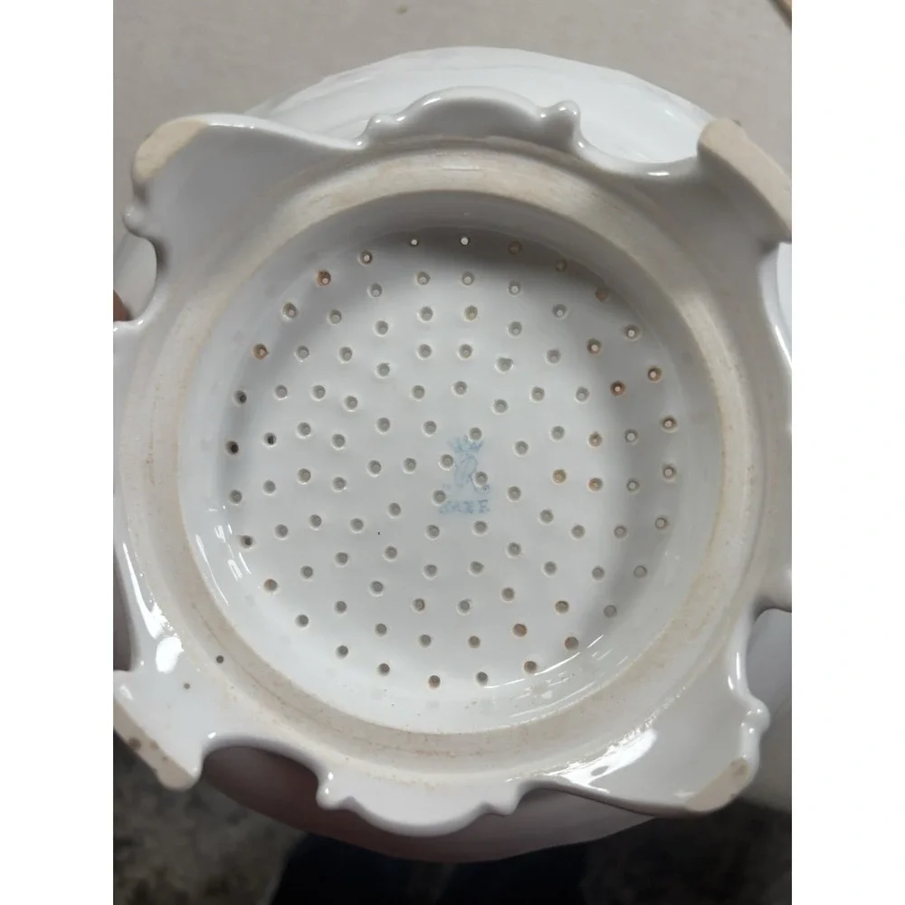 Antique Saxe Porcelain Berry Bowl Strainer Colander Footed Floral Gold